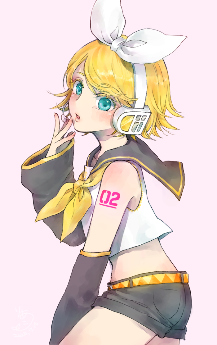 1girl aqua_eyes blonde_hair blush bow commentary detached_sleeves hair_bow hair_ornament hairclip hand_to_own_mouth headphones headset kagamine_rin leg_warmers looking_at_viewer looking_to_the_side number_tattoo pink_background rinrinpanda sailor_collar shorts shoulder_tattoo solo tattoo vocaloid