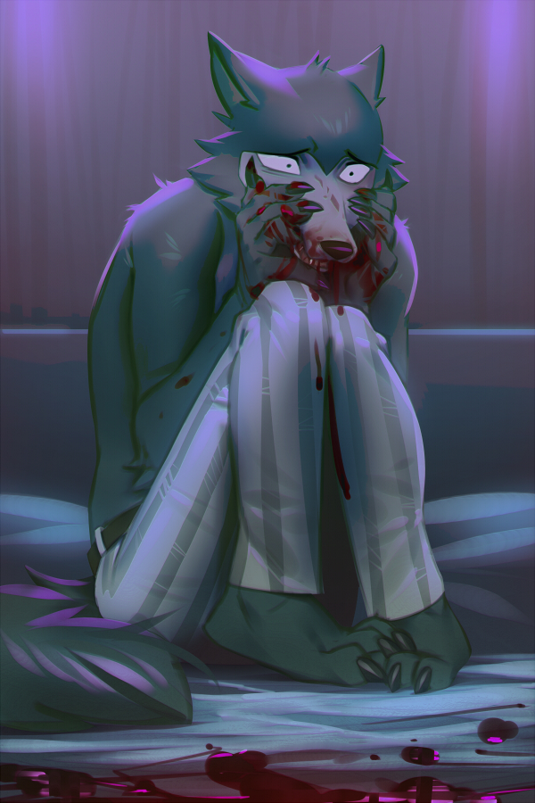 2020 2:3 anthro barefoot beastars belt blood blood_on_arm blood_on_clothing blood_on_face blood_on_ground blood_on_hand blood_on_mouth bodily_fluids bottomwear canid canine canis claws clothed clothing countershade_face countershading digital_media_(artwork) distraught distressed fur grey_body grey_fur hand_on_face knees_pulled_up knees_together legoshi_(beastars) looking_down male mammal miles_df multicolored_body multicolored_fur on_ground open_mouth pants sad scared sitting solo teeth toe_claws toes topless topless_male tragedy two_tone_body two_tone_fur white_body white_countershading white_fur wolf