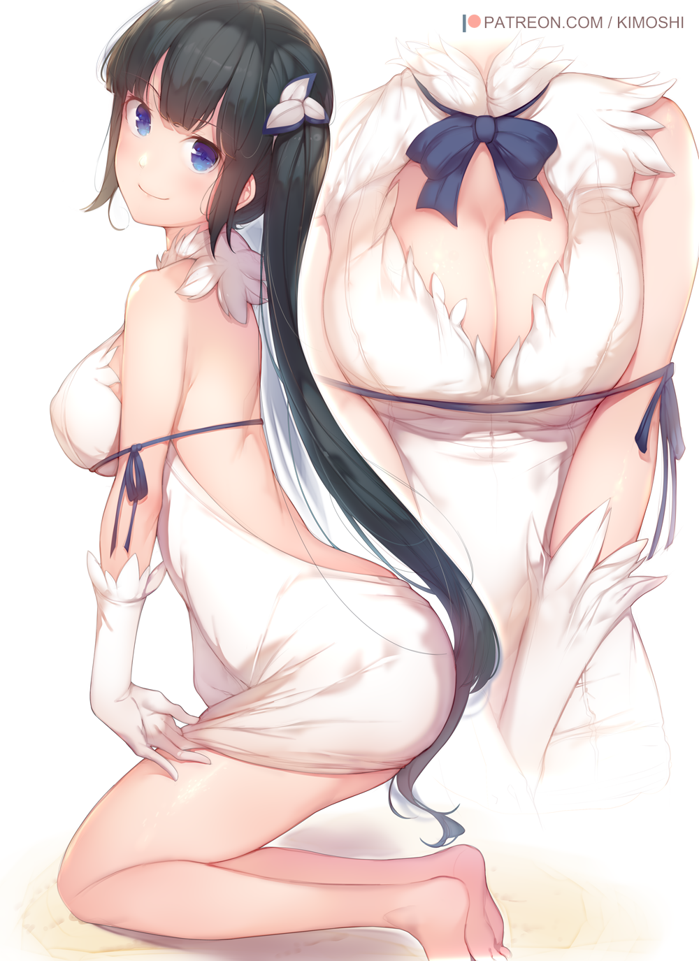 1girl backless_dress backless_outfit black_hair blue_bow blue_eyes blush bow breasts cleavage covered_nipples dress dungeon_ni_deai_wo_motomeru_no_wa_machigatteiru_darou_ka from_side halterneck hestia_(danmachi) highres kimoshi kneeling large_breasts leaning_forward looking_at_viewer neck_ribbon projected_inset rei_no_himo ribbon short_dress skirt skirt_tug smile solo tight_dress twintails white_dress