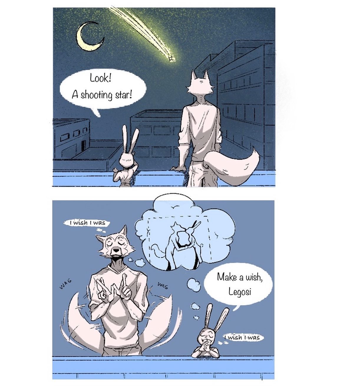 2020 anthro beastars canid canine canis clothed clothing comic dialogue duo eden_fries english_text fully_clothed fur haru_(beastars) hi_res lagomorph legoshi_(beastars) leporid mammal rabbit speech_bubble tailwag text thought_bubble wolf