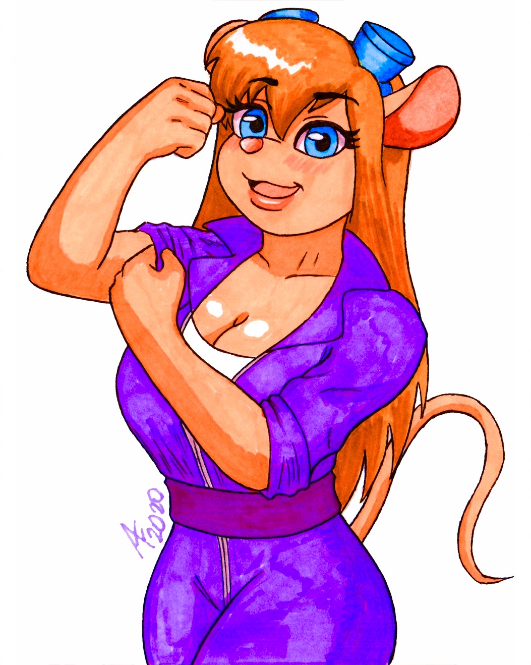2020 aaron_hibiki anthro big_breasts blue_eyes breasts chip_'n_dale_rescue_rangers cleavage clothed clothing coveralls curvaceous curvaceous_figure curvy_figure disney eyewear eyewear_on_head female gadget_hackwrench goggles goggles_on_head hair hi_res lips long_hair mammal mouse murid murine rodent simple_background smile solo voluptuous wide_hips