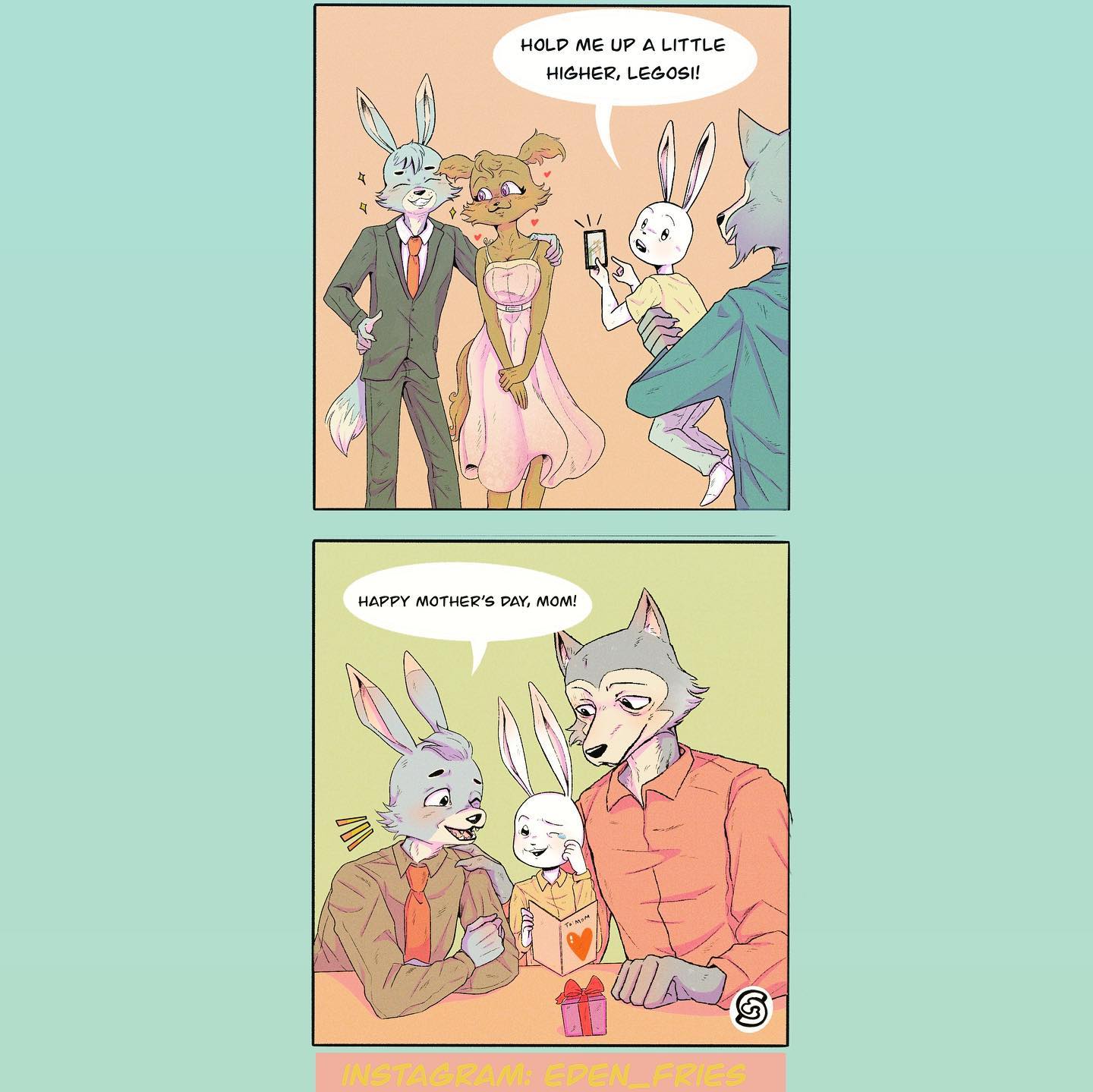 2020 anthro beastars canid canine canis carrying cellphone clothed clothing comic dress eden_fries english_text fully_clothed fur grey_body grey_fur haru_(beastars) hi_res holding_cellphone holding_object holding_phone holiday_message holidays hybrid lagomorph legoshi_(beastars) leporid mammal mother's_day parent parent_and_child phone rabbit text white_body white_fur wolf