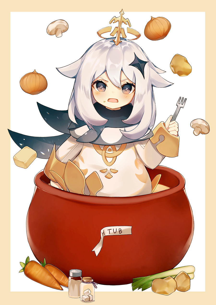 1girl blue_eyes blush cape carrot celery dress food fork genshin_impact hair_between_eyes halo highres looking_at_viewer mushroom onion open_mouth paimon_(genshin_impact) pot potato scarf short_hair soup sugar_cube white_dress white_hair xoaiu