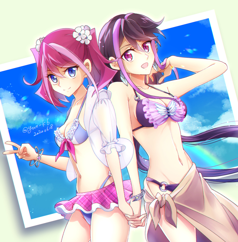 2girls :d bangs bikini bikini_skirt black_hair blue_bikini blue_eyes bracelet breasts cleavage closed_mouth collarbone cowboy_shot dutch_angle earrings flower hair_between_eyes hair_flower hair_intakes hair_ornament hand_in_hair highleg highleg_bikini hiiragi_yuzu holding_hands interlocked_fingers jewelry kurosaki_ruri long_hair medium_breasts microskirt multicolored_hair multiple_girls o-ring o-ring_bikini open_mouth pink_hair pink_skirt plaid plaid_skirt purple_bikini red_eyes red_hair sarong sideboob skirt smile standing swimsuit two-tone_hair v white_flower yu-gi-oh! yu-gi-oh!_arc-v yun_yu