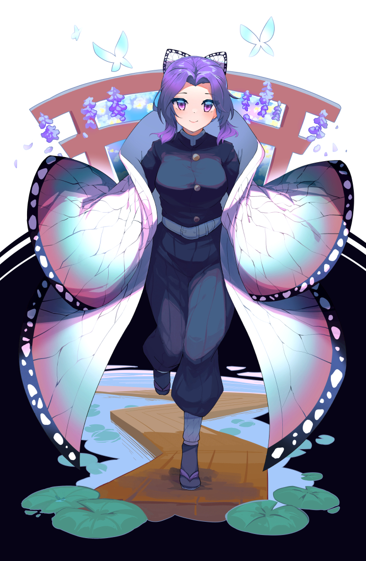 1girl bangs belt belt_buckle black_footwear black_hair black_jacket black_pants buckle bug butterfly butterfly_hair_ornament facing_viewer forehead hair_ornament haori insect jacket japanese_clothes kimetsu_no_yaiba kochou_shinobu lily_pad long_sleeves looking_at_viewer pants purple_eyes purple_hair sandals short_hair smile solo torii water white_belt yokura_(yukilina)