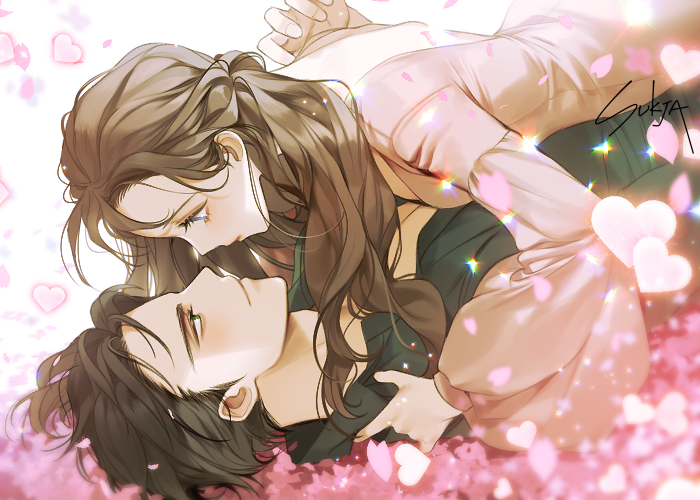 1boy 1girl blush brown_hair dress eye_contact heart hetero hug long_hair long_sleeves looking_at_another lying on_back petals puffy_sleeves sukja