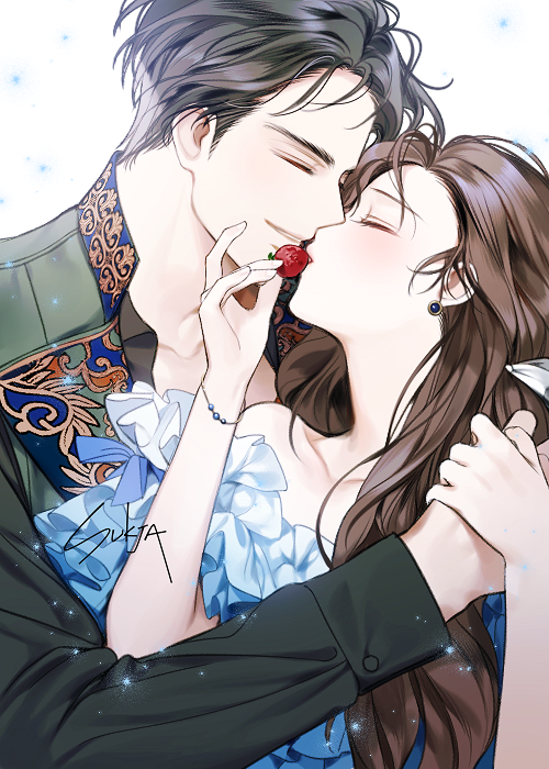 1boy 1girl artist_name black_hair blush bracelet brown_hair closed_eyes dress earrings food fruit hetero holding_hands hug jewelry long_hair long_sleeves strawberry sukja