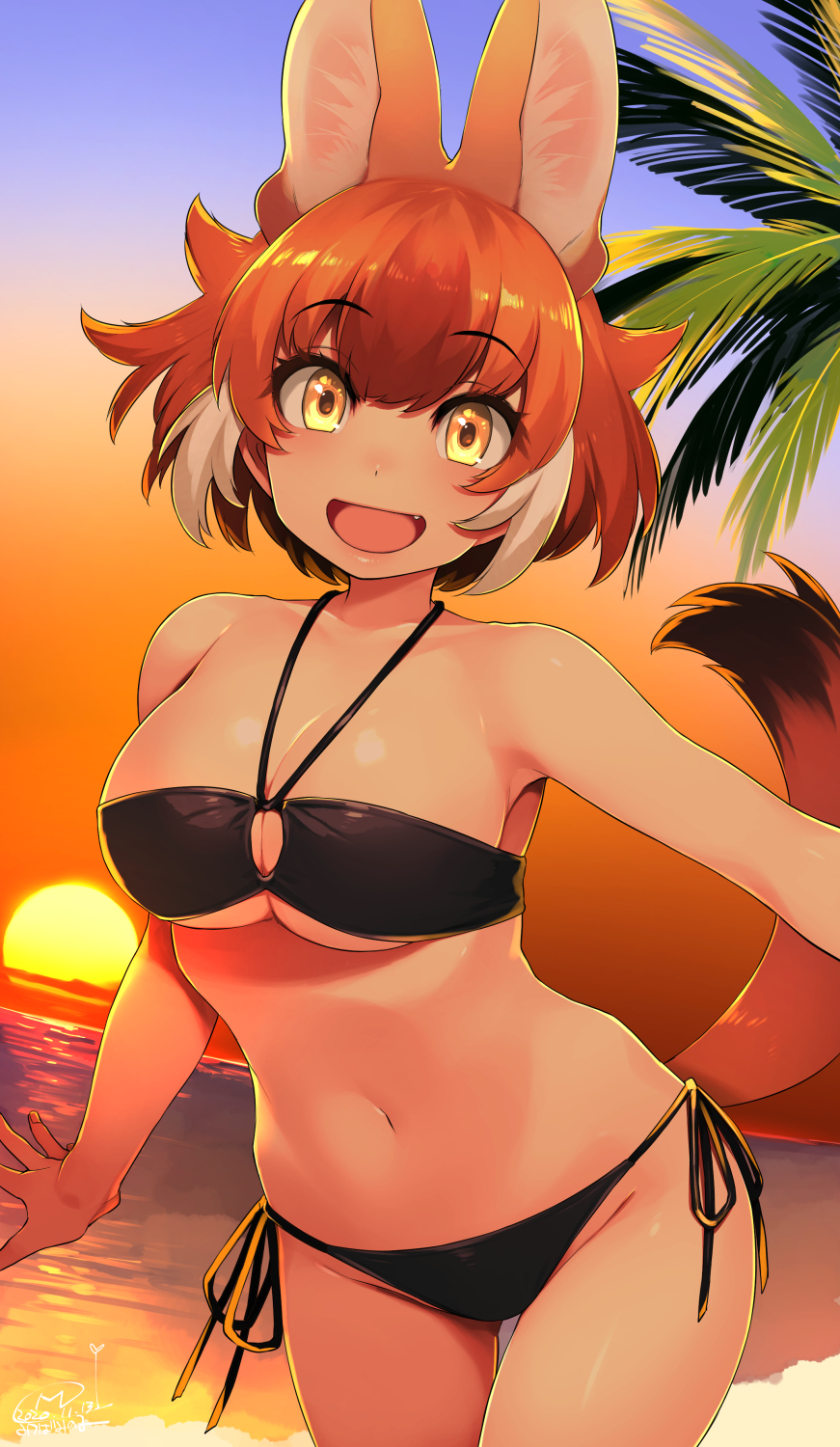 1girl :d animal_ear_fluff animal_ears bangs bare_shoulders beach bikini black_bikini breasts brown_hair cloud collarbone commentary dated day dhole_(kemono_friends) dog_ears dutch_angle extra_ears eyebrows_visible_through_hair fang happa_(cloverppd) highres kemono_friends large_breasts looking_at_viewer multicolored_hair navel ocean open_mouth outdoors palm_tree short_hair side-tie_bikini signature smile solo sun sunset swimsuit tail thigh_gap tree two-tone_hair white_hair yellow_eyes