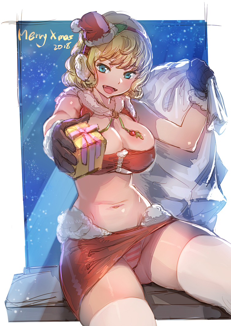 1girl 2018 :d adapted_costume blonde_hair blue_background blue_eyes bow_(bhp) breasts cleavage english_text fang fur_trim gloves hairband hand_up hat holding large_breasts looking_at_viewer merry_christmas microskirt mini_hat navel open_mouth original panties pantyshot pencil_skirt pink_panties red_skirt revision sack santa_costume santa_hat short_hair sitting skirt smile solo striped striped_panties thighhighs underwear white_legwear