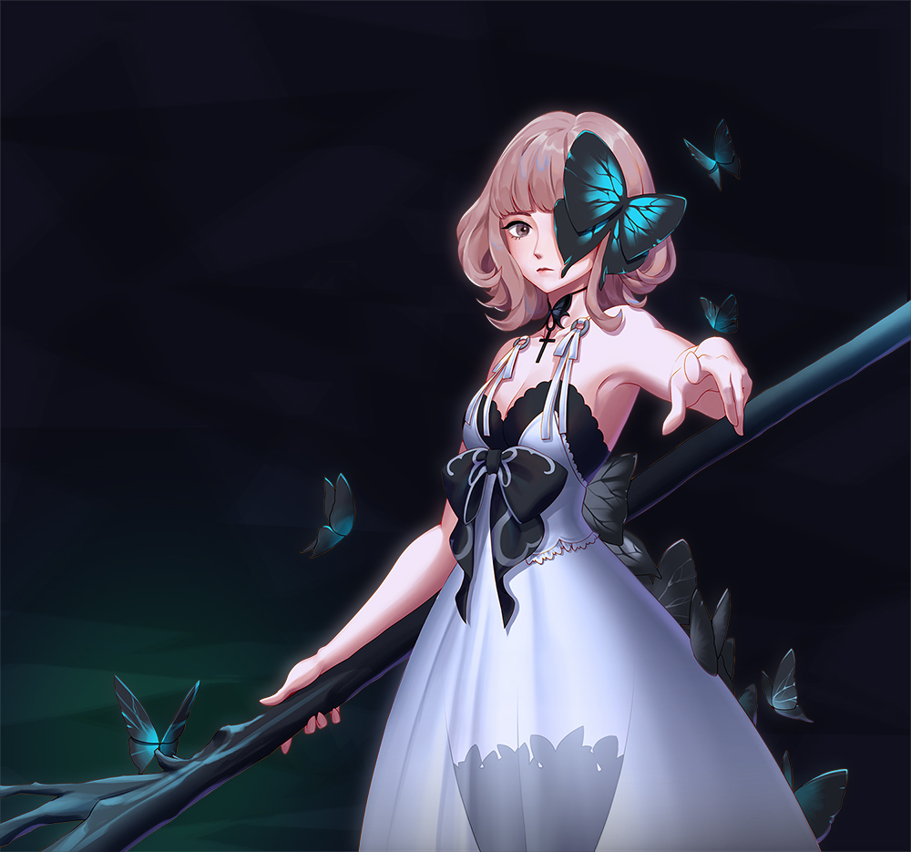 1girl animal bare_shoulders blush branch breasts brown_eyes brown_hair bug butterfly cleavage closed_mouth cross dress forever_7th_capital frills holding holding_staff insect light_blush pointing short_hair solo staff tenka white_dress