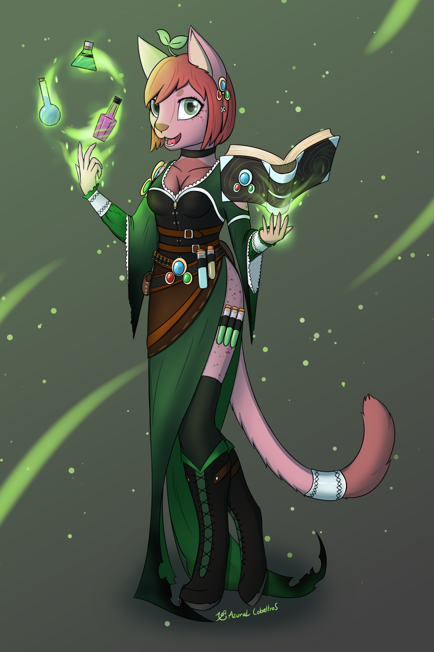 anthro azural_cobaltros belt boots cloak clothing corset ear_piercing ear_ring felid feline female footwear hi_res levitation lingerie magic_user mammal piercing plant_on_head robe shackles smile solo spellbook tail_cuff topwear utility_belt vials