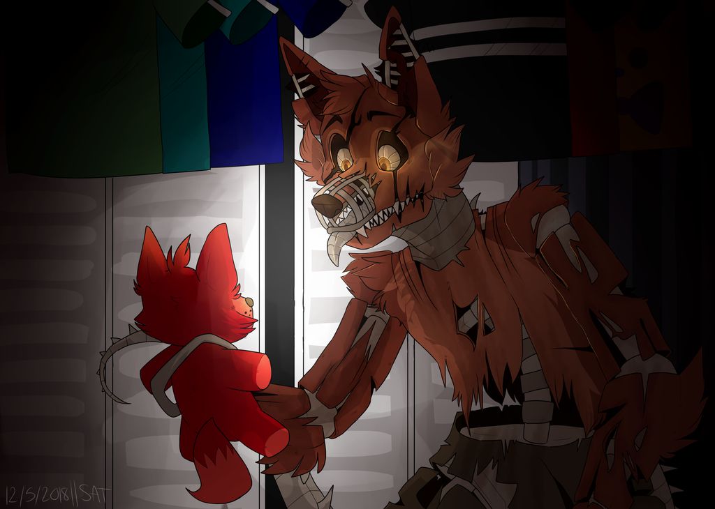 2018 animatronic anthro black_clothing black_shirt black_topwear blue_clothing blue_shirt blue_topwear canid canine closet clothing damaged fangs five_nights_at_freddy's five_nights_at_freddy's_4 fox fur glowing glowing_eyes green_clothing green_shirt green_topwear holding_object holding_plush hook hook_hand light looking_at_object looking_at_plushie machine male mammal metal_tongue metallic_body nightmare_foxy_(fnaf) notched_ear red_body red_fur robot sharp_teeth shirt signature solo teeth tongue tongue_out topwear toybunnies video_games yellow_eyes