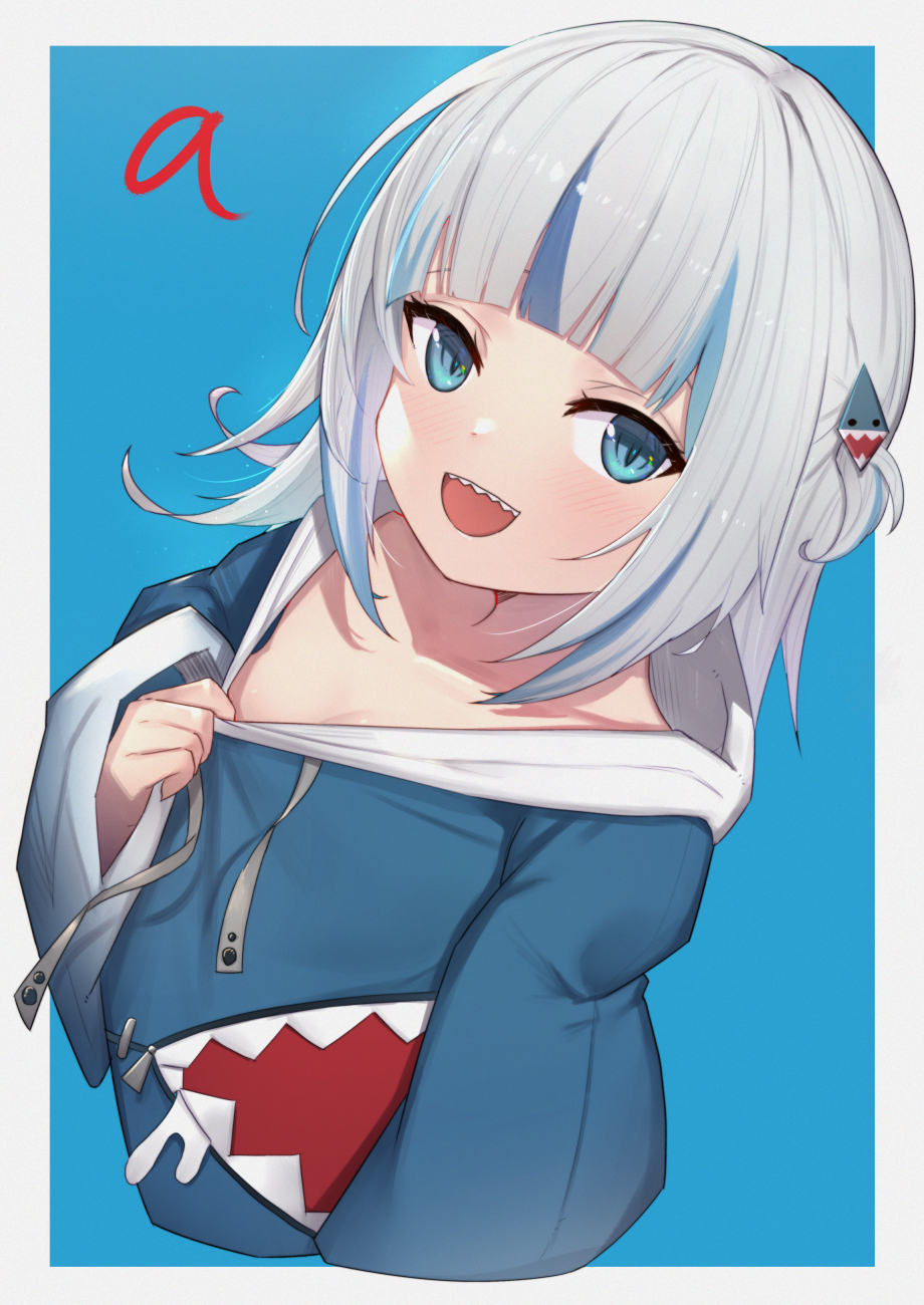 1girl :d a bangs blue_background blue_eyes blue_hair blue_hoodie commentary cropped_torso drawstring eyebrows_behind_hair gawr_gura grey_background grey_hair hair_ornament highres hololive hololive_english hood hood_down hoodie long_sleeves looking_at_viewer multicolored_hair open_mouth sharp_teeth smile solo streaked_hair teeth two-tone_background two_side_up uneg upper_body virtual_youtuber wide_sleeves