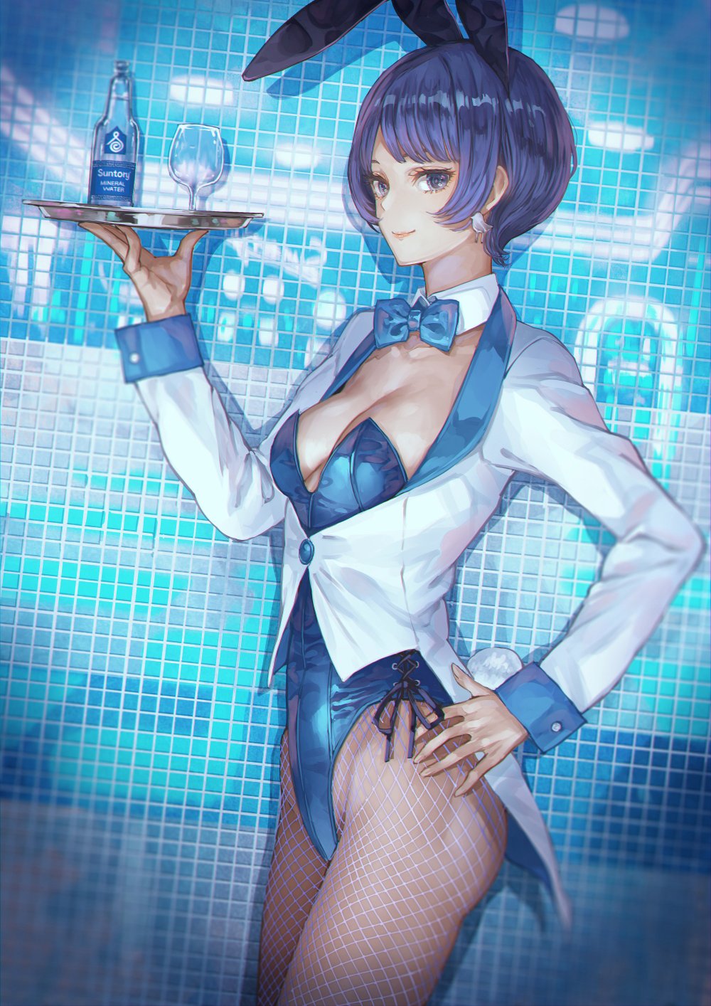 1girl animal_ears bird_earrings blue_background blue_bow blue_leotard blue_neckwear bow bowtie breasts bunny_tail closed_mouth coat cowboy_shot detached_collar earrings fake_animal_ears fake_tail fishnet_legwear fishnets hairband hand_on_hip highres holding holding_tray jewelry leotard long_sleeves looking_at_viewer medium_breasts pantyhose playboy_bunny side-tie_leotard smile solo suntory suntory_nomu tail tray white_coat wing_collar yasukura_(shibu11)