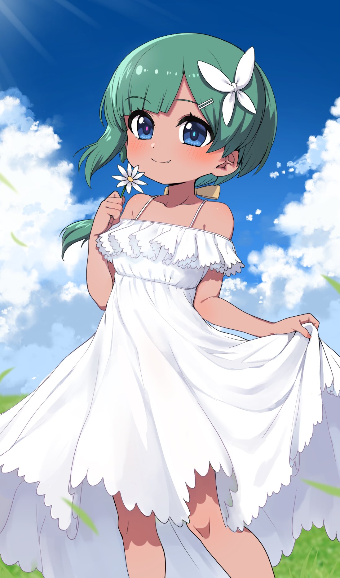 1girl bangs blue_eyes blue_sky blush borrowed_character closed_mouth cloud cloudy_sky commentary day dress eyebrows_visible_through_hair fang flower grey_hair hair_ornament hair_ribbon hairclip highres holding holding_flower kemono_friends long_hair looking_at_viewer medium_dress outdoors ponytail ransusan ribbon skirt_hold sky smile solo spaghetti_strap standing sundress tan tomoe_(kemono_friends)_(niconico88059799) white_dress white_flower white_ribbon yellow_ribbon