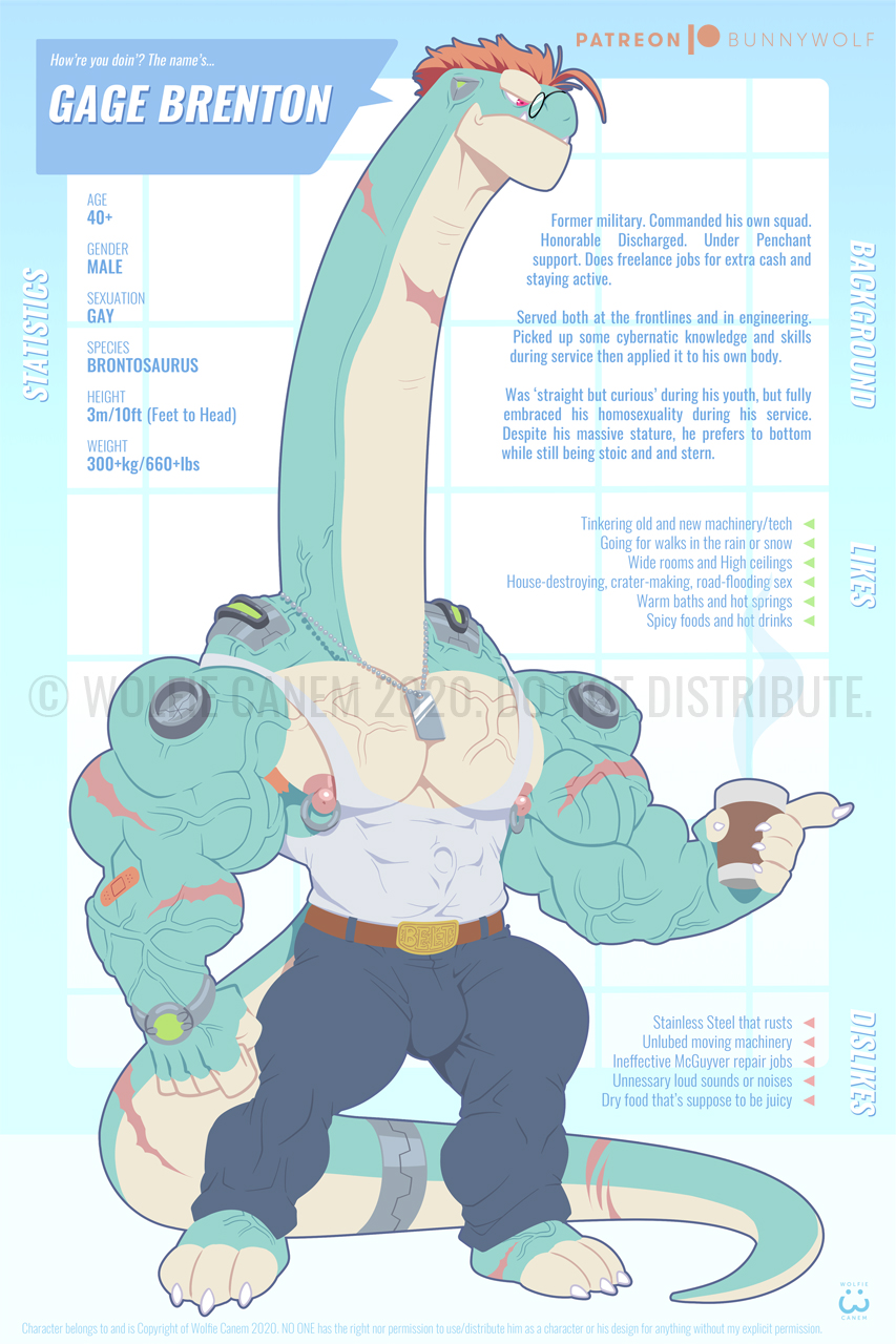 2020 abs anthro band-aid bandage belt biceps big_muscles blue_body bottomwear brontosaurus bulge character_name clock clothing coffee_cup cybernetics denim denim_clothing dinosaur diplodocid do_not_distribute dog_tags english_text eyewear gage_brenton glasses hair hi_res information jeans long_neck machine male mature_male measurements model_sheet multicolored_body muscular muscular_anthro muscular_male nipple_piercing nipple_ring nipples orange_hair pants patreon pecs piercing reptile sauropod scalie scar shirt simple_background solo species_name standing stated_homosexuality tank_top text topwear two_tone_body vein veiny_muscles watch white_body wolfiecanem