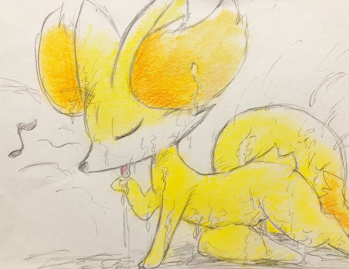 2018 3_toes big_ears black_nose bodily_fluids cum cum_covered cum_drip dripping eiroru eyes_closed female fennekin feral fluffy_ears fur genital_fluids genitals inner_ear_fluff licking licking_cum lying messy musical_note nintendo on_side pink_tongue pok&eacute;mon pok&eacute;mon_(species) pose pussy red_body red_eyes red_fur snout solo toes tongue tongue_out traditional_media_(artwork) tuft video_games white_body white_fur wide_eyed yellow_body yellow_fur