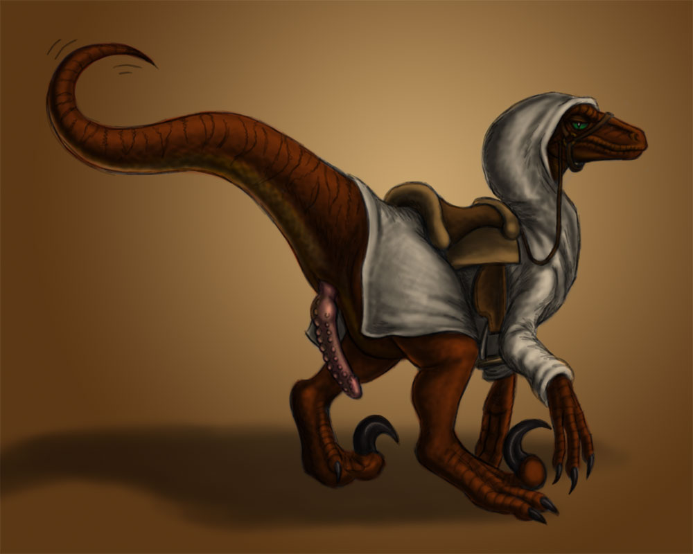 5:4 animal_genitalia brown_background brown_body chewtoy claws cloaca cloacal_penis clothed clothing dinosaur dromaeosaurid erection feral finger_claws genitals green_eyes harness implied_transformation male partially_clothed penis reptile saddle scalie simple_background solo standing theropod toe_claws unamused velociraptor