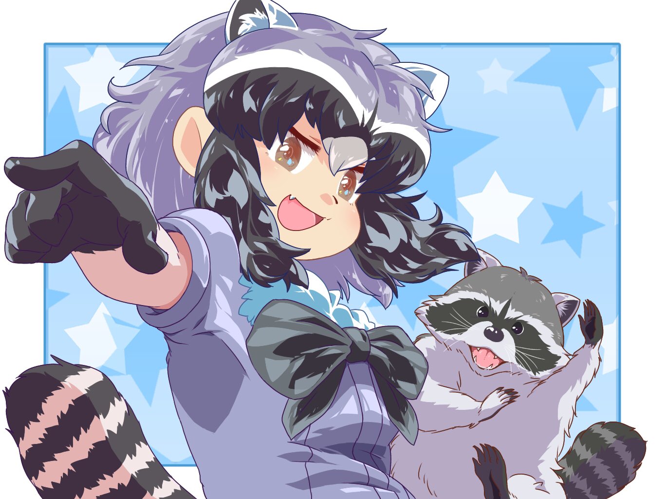 2020 animal_humanoid arai-san biped black_nose clothed clothing cute_fangs duo feral fur grey_body grey_fur humanoid humanoid_hands kemono_friends mammal mammal_humanoid multi_ear paws procyonid procyonid_humanoid raccoon raccoon_humanoid umikazenet3