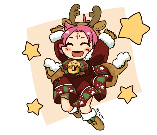 1girl antlers arms_up artist_name bell boots brown_gloves cape dress eyes_closed fa facial_mark fire_emblem fire_emblem:_fuuin_no_tsurugi fire_emblem_heroes forehead_mark full_body fur_trim gloves long_sleeves mamkute nintendo open_mouth purple_hair reindeer_antlers short_hair sksk7r solo star