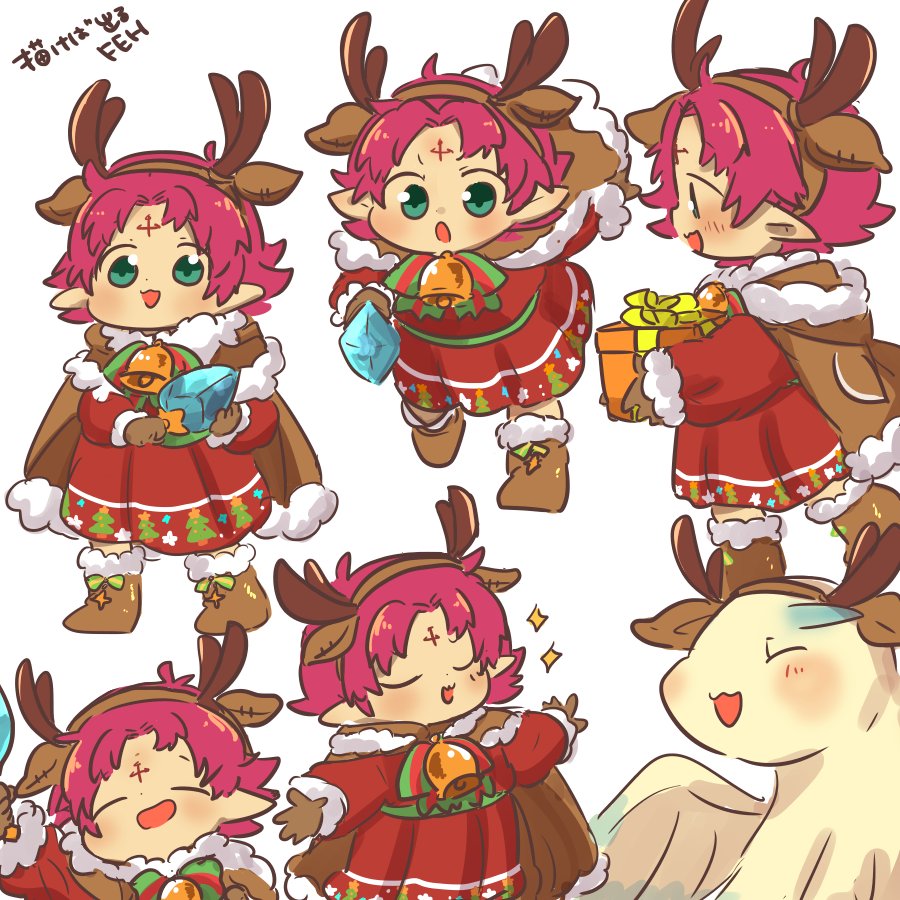 1girl antlers bell boots box brown_gloves cape dragon dress eyes_closed fa facial_mark fire_emblem fire_emblem:_fuuin_no_tsurugi fire_emblem_heroes forehead_mark from_side fur_trim gift gift_box gloves green_eyes huxahuxa826 long_sleeves mamkute nintendo open_mouth pointy_ears purple_hair reindeer_antlers short_hair simple_background standing white_background