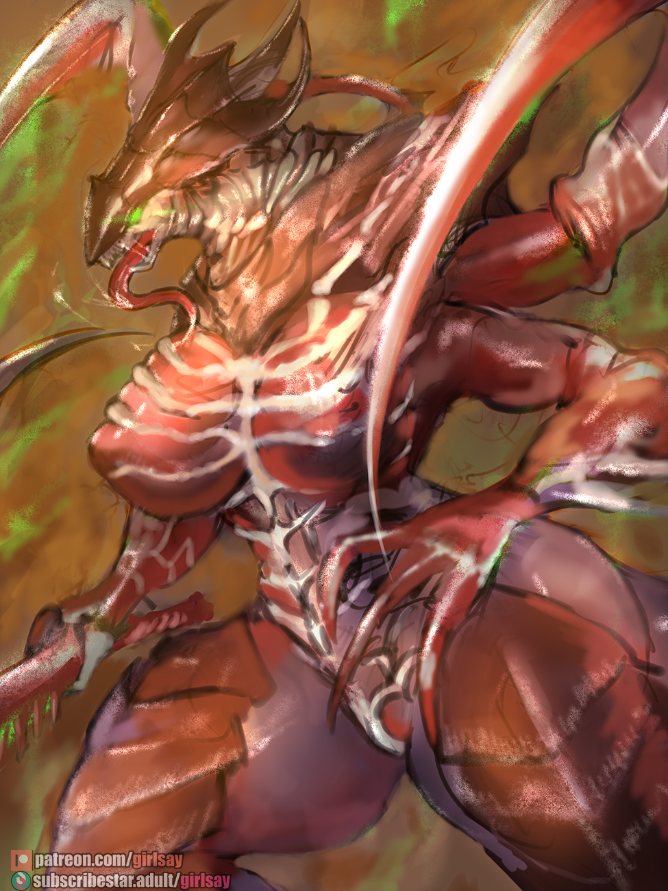 2020 3:4 alien anthro big_breasts breasts curvaceous curvy_figure exoskeleton female fingers girlsay hi_res huge_breasts long_tongue nipple_outline patreon portrait solo standing subscribestar text thick_thighs three-quarter_portrait tongue tongue_out tyranid url voluptuous warhammer_(franchise) warhammer_40000 wide_hips