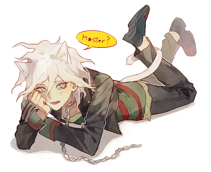 1boy animal_ears bangs black_footwear black_jacket black_pants cat_ears cat_tail chain cheek_rest collar collarbone commentary_request cropped_jacket danganronpa danganronpa_3 feet_up green_shirt hair_between_eyes io_(sinking=carousel) jacket kemonomimi_mode komaeda_nagito long_sleeves looking_at_viewer lying male_focus metal_collar on_stomach open_mouth pants red_shirt shirt shoes simple_background solo speech_bubble striped striped_shirt tail two-tone_shirt whisker_markings white_background