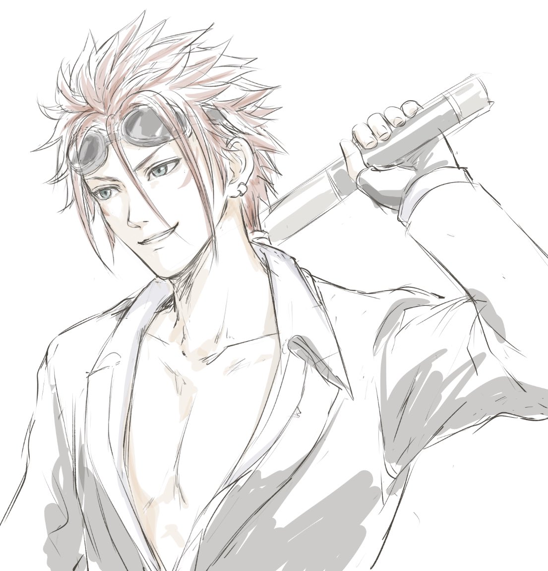1boy bangs chest collarbone earrings final_fantasy final_fantasy_vii final_fantasy_vii_remake goggles goggles_on_head grin holding holding_weapon jacket jewelry long_sleeves male_focus mondi_hl over_shoulder partially_unbuttoned red_hair reno_(ff7) shirt simple_background sketch smile solo spiked_hair spot_color teeth upper_body weapon weapon_over_shoulder white_background