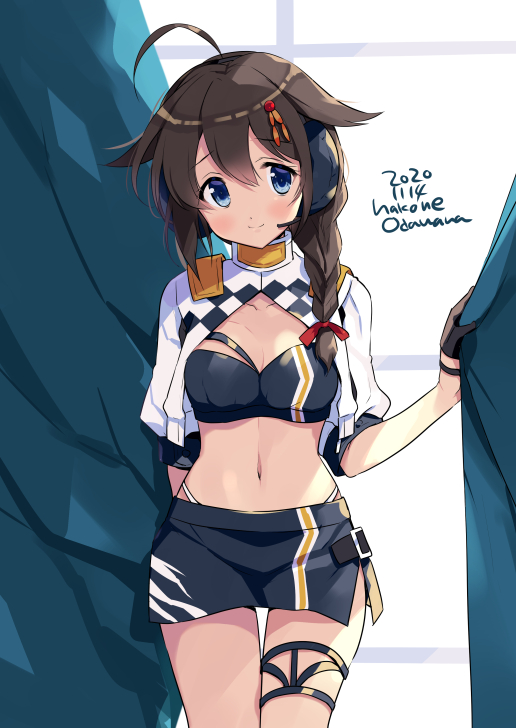 1girl ahoge bandeau black_bandeau black_gloves black_skirt blue_eyes blush braid brown_hair closed_mouth cosplay cowboy_shot cropped_jacket dated eyebrows_visible_through_hair gloves gotland_(kantai_collection) gotland_(kantai_collection)_(cosplay) hair_between_eyes hair_flaps headphones jacket kantai_collection long_hair navel odawara_hakone race_queen remodel_(kantai_collection) shigure_(kantai_collection) short_sleeves single_braid skirt smile solo twitter_username white_jacket