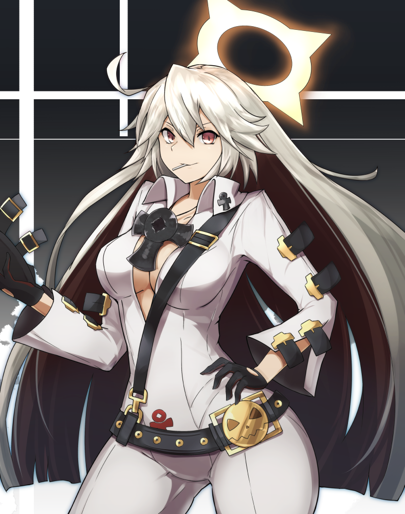 1girl ankh bangs black_gloves bodysuit breasts cleavage closed_mouth gloves guilty_gear guilty_gear_xrd hair_between_eyes halo hand_on_hip jack-o'_valentine long_hair looking_at_viewer medium_breasts multicolored_hair no_bra red_eyes red_hair silver_hair smile solo standing two-tone_hair very_long_hair white_bodysuit yonaga