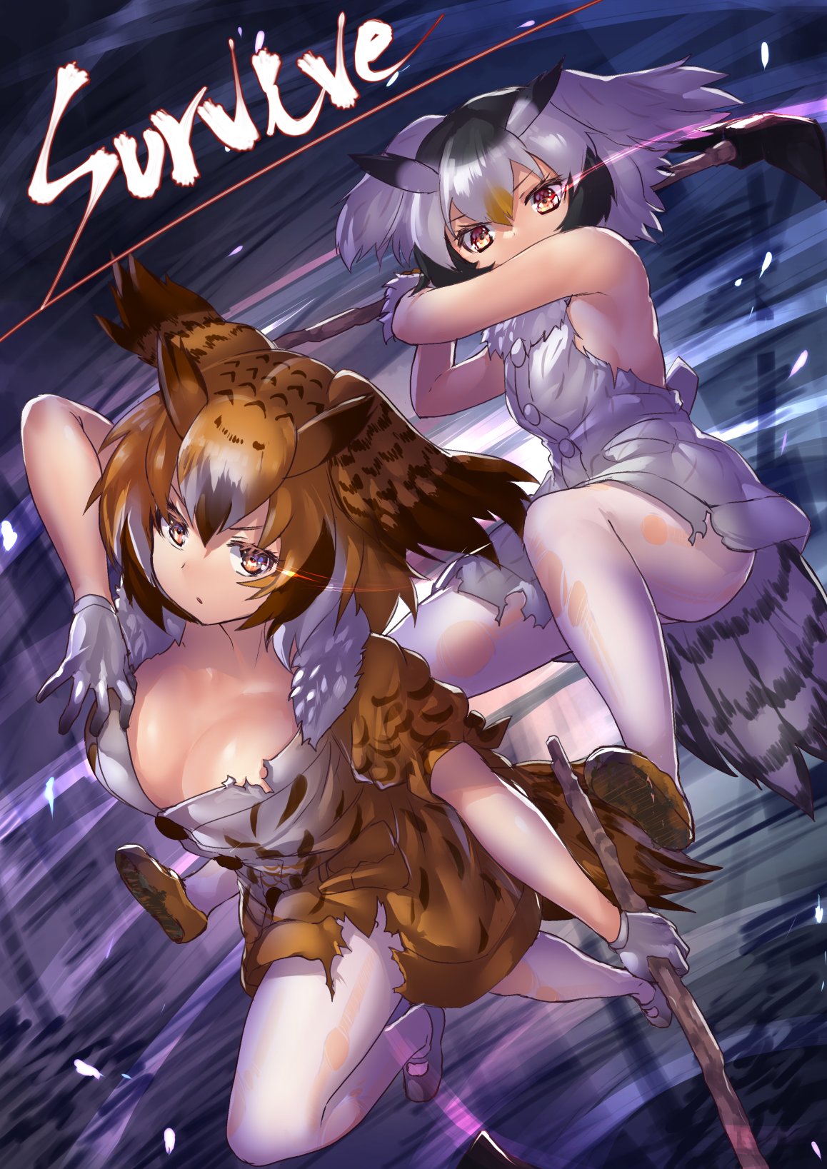 2girls action animal_ears bangs bird_ears bird_tail breasts brown_hair closed_mouth commentary dress english_text eurasian_eagle_owl_(kemono_friends) frown gloves glowing glowing_eyes head_wings highres holding holding_pickaxe jumpsuit kemono_friends looking_at_viewer medium_breasts multicolored_hair multiple_girls northern_white-faced_owl_(kemono_friends) pantyhose pickaxe shoes short_dress short_hair short_sleeves sleeveless sleeveless_dress standing standing_on_one_leg tadano_magu torn_clothes torn_legwear white_dress white_gloves white_legwear