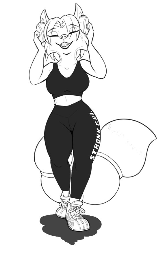 anthro bra breasts canid canine clothing eyebrows eyelashes eyes_closed female fingers footwear fox gym_shorts hair headphones inner_ear_fluff jewelry krystal mammal merffle monochrome navel nintendo shoes short_hair smile star_fox tail_jewelry tail_ring teeth thick_thighs tuft underwear video_games walking