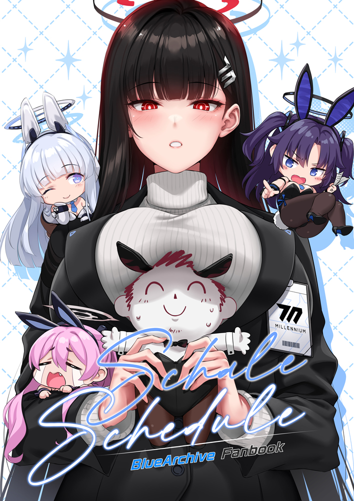 1boy 4girls black_hair black_jacket black_suit blue_archive blush breasts character_request chibi cover cover_page doodle_sensei_(blue_archive) doujin_cover hair_ornament hairclip halo jacket large_breasts long_hair long_sleeves looking_at_viewer multiple_girls noa_(blue_archive) okitakung playboy_bunny red_eyes ribbed_sweater rio_(blue_archive) sensei_(blue_archive) suit sweater turtleneck turtleneck_sweater very_long_hair white_sweater yuuka_(blue_archive)
