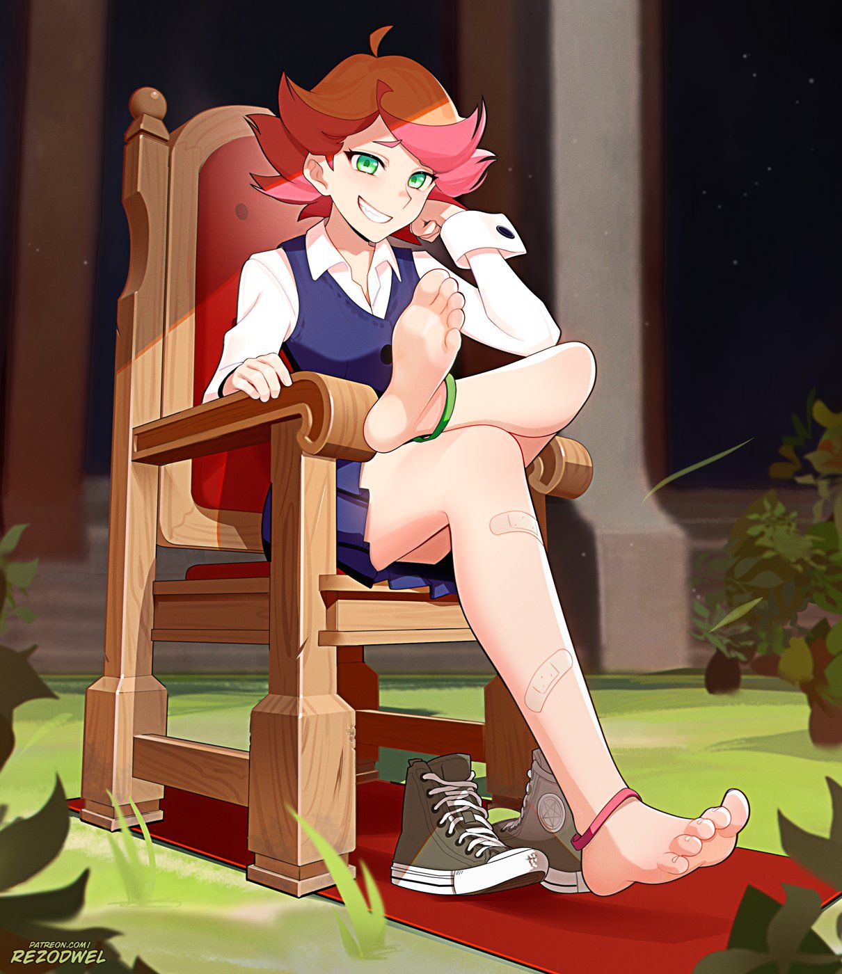 1girl amanda_o'neill anklet bandaid bandaid_on_leg barefoot chair crossed_legs feet green_eyes grin highres jewelry legs little_witch_academia looking_at_viewer multicolored_hair orange_hair rezodwel school_uniform shoes short_hair sitting skirt smile soles solo toenails toes two-tone_hair unworn_shoes