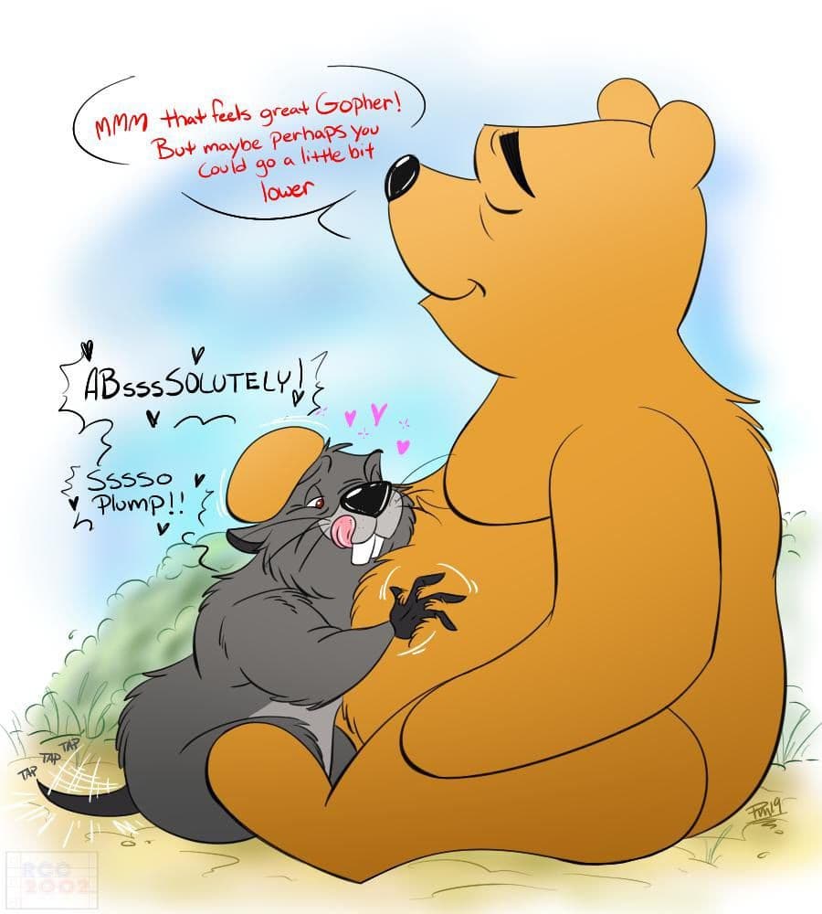 &lt;3 anthro belly_rub disney duo gopher_(winnie_the_pooh) happy licking licking_lips male male/male nude overweight pooh_bear rcc2002 tailwag tongue tongue_out winnie_the_pooh_(franchise)