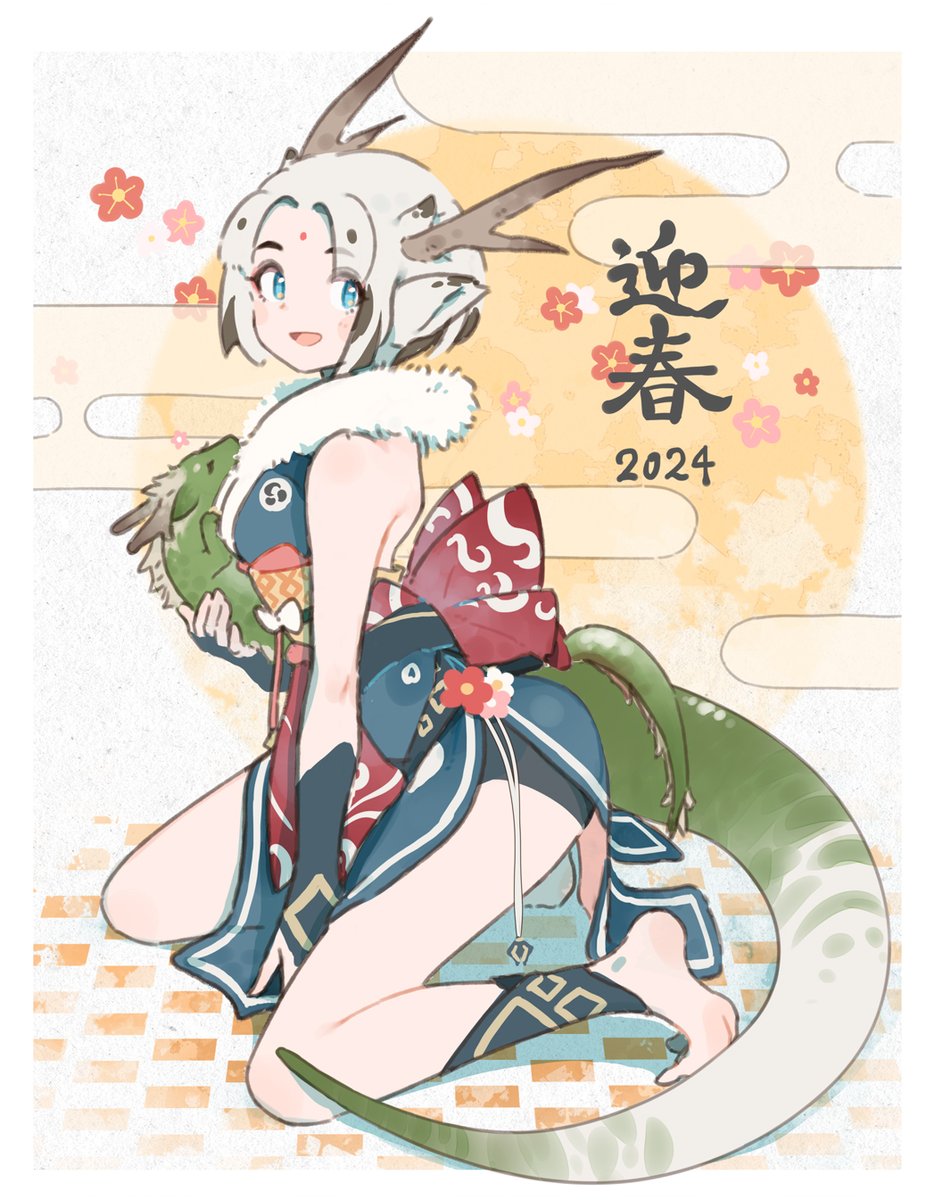1girl 2024 back_bow bare_shoulders barefoot between_legs blue_eyes blue_kimono bow chinese_zodiac commentary dragon_horns dragon_tail egasumi from_side full_body fur-trimmed_kimono fur_trim hand_between_legs highres holding horns japanese_clothes kimono kneeling looking_at_viewer on_floor open_mouth original pointy_ears red_bow short_hair side_slit sleeveless sleeveless_kimono solo tail tsukudani_yosuke white_hair year_of_the_dragon