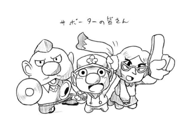 1girl 2boys alph_(pikmin) alternate_costume arm_up baseball_cap big_nose blush_stickers brittany_(pikmin) charlie_(pikmin) collared_shirt commentary_request eyelashes facial_hair flag floral_print foam_finger full_body glasses greyscale hat holding holding_flag hood hood_down hoodie kneeling long_sleeves looking_at_viewer miniskirt mohawk monochrome motion_lines multiple_boys mustache on_one_knee open_mouth outstretched_arms pants pikmin_(series) pointy_nose shirt shoes short_hair simple_background sketch skirt smile solid_oval_eyes sweater_vest translation_request triangular_eyewear v-neck v-shaped_eyes white_background yamato_koara