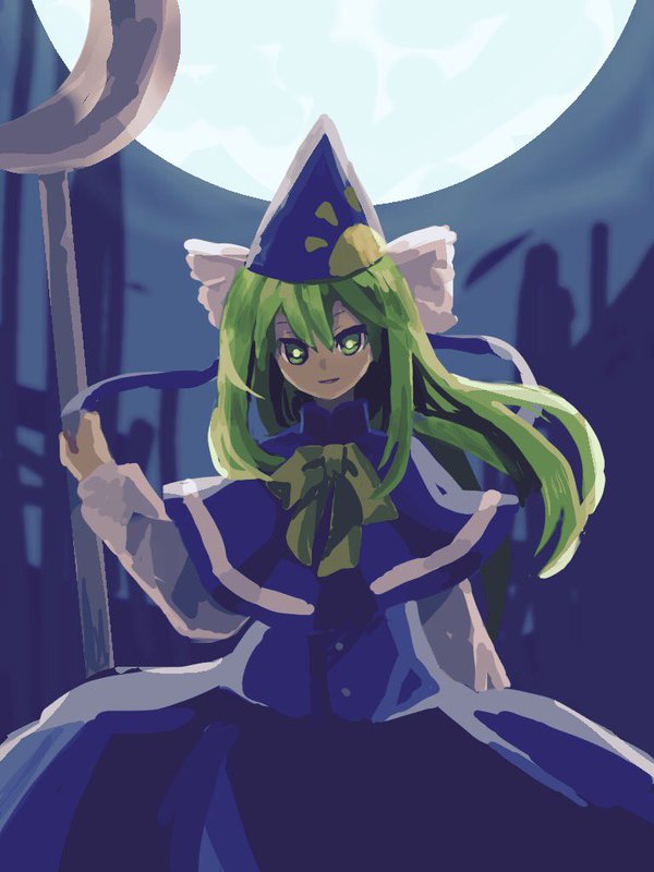 1girl blue_capelet blue_headwear blue_skirt blue_vest bright_pupils capelet commentary_request flat_chest green_eyes green_hair green_pupils holding holding_scepter kaigen_1025 long_hair long_sleeves looking_at_viewer mima_(touhou) neck_ribbon open_mouth pointy_hat ribbon scepter shirt skirt smile solo touhou touhou_(pc-98) vest white_shirt yellow_ribbon