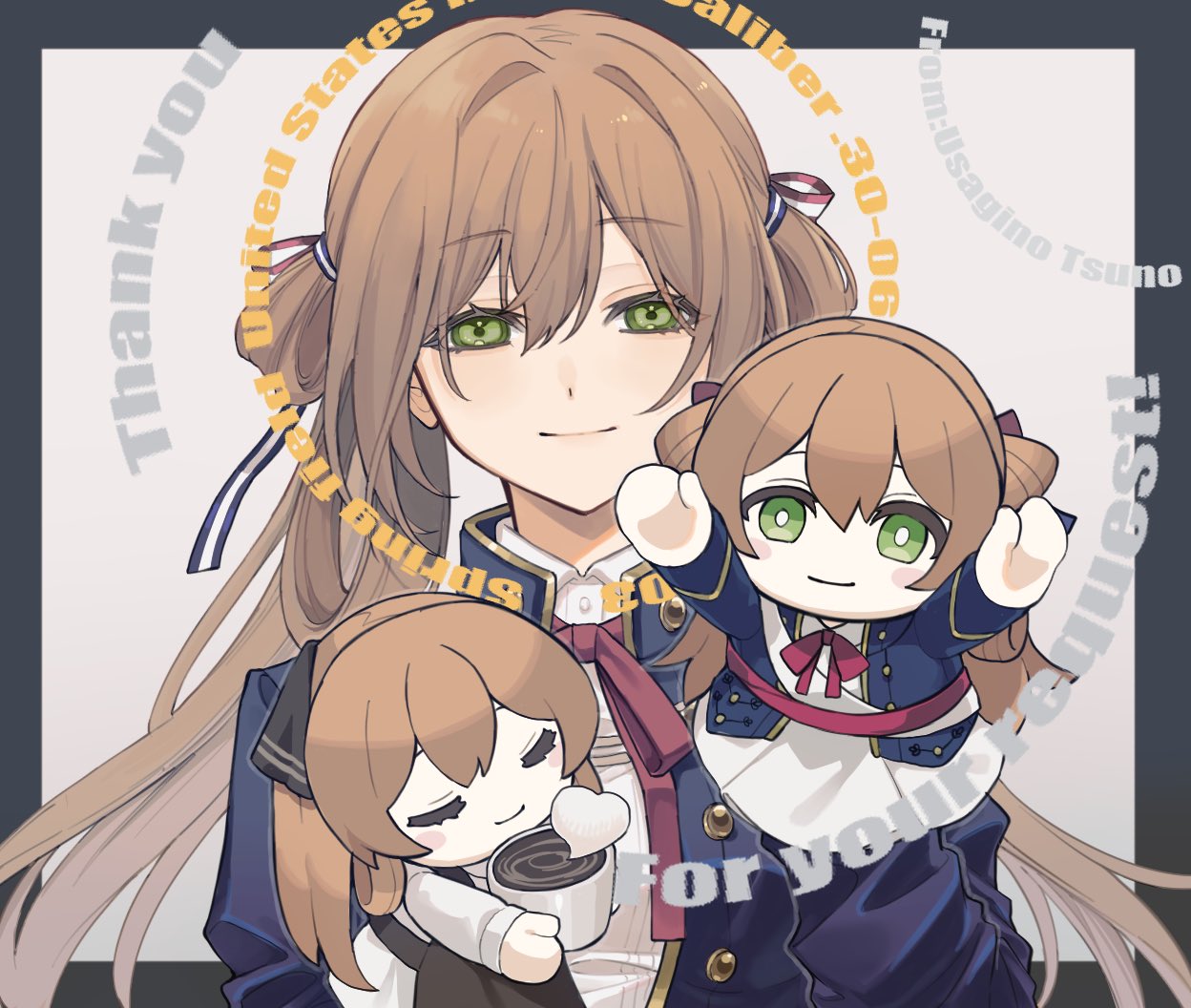 1girl apron brown_apron brown_hair character_doll closed_mouth commentary_request girls'_frontline green_eyes hair_between_eyes hair_ribbon hair_rings hand_puppet heart long_hair long_sleeves looking_at_viewer puppet rabb_horn ribbon sidelocks smile springfield_(girls'_frontline) upper_body