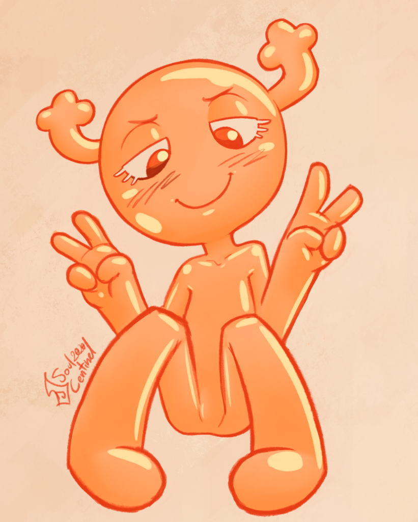 anthro blush cartoon_network featureless_crotch female flat_chested gesture half-closed_eyes horn humanoid looking_down mammal narrowed_eyes nude penny_fitzgerald red_eyes simple_background sitting smile solo soulcentinel the_amazing_world_of_gumball v_sign yellow_body