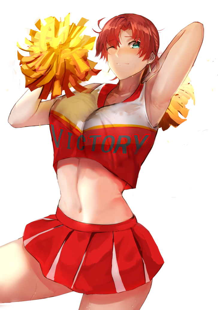 1girl aqua_eyes bangs bare_shoulders blush boudica_(fate/grand_order) breasts cheerleader collarbone crop_top crop_top_overhang earrings fate/grand_order fate_(series) holding holding_pom_poms jewelry jikihatiman large_breasts looking_at_viewer midriff navel one_eye_closed pom_poms red_hair red_shirt red_skirt shirt short_hair short_ponytail simple_background skirt smile thighs white_background