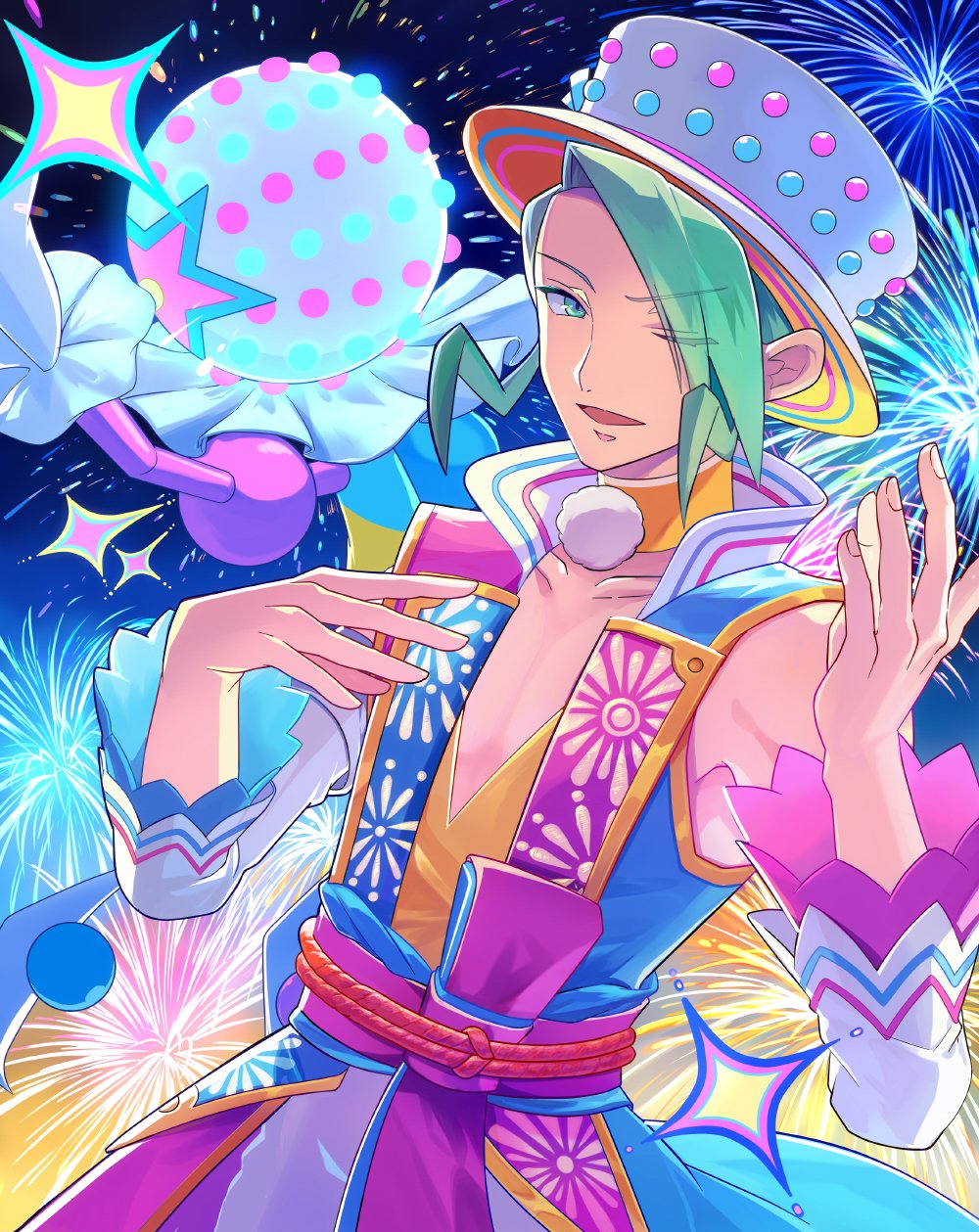 1boy blacephalon collarbone detached_sleeves fireworks green_eyes green_hair hat highres looking_at_viewer male_focus official_alternate_costume pokemon pokemon_(creature) pokemon_masters_ex sash tsu_(md_tsune) wallace_(new_year's_2024)_(pokemon) wallace_(pokemon) wide_sleeves