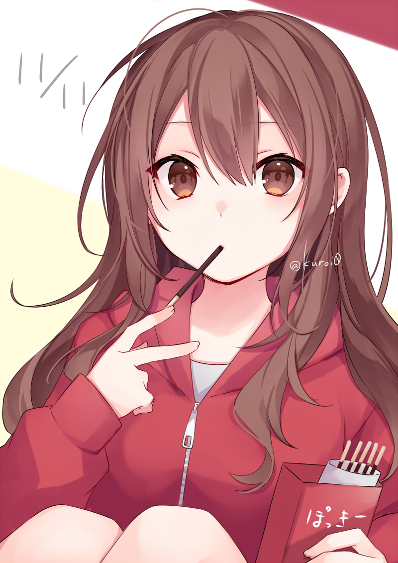 1girl brown_eyes brown_hair copyright_request dated feet_out_of_frame food hair_between_eyes hands_up holding hood hood_down hooded_jacket jacket knees_up kuroi_(liar-player) long_hair long_sleeves looking_at_viewer pocky pocky_day puffy_long_sleeves puffy_sleeves red_jacket shirt sleeves_past_wrists solo twitter_username very_long_hair white_shirt