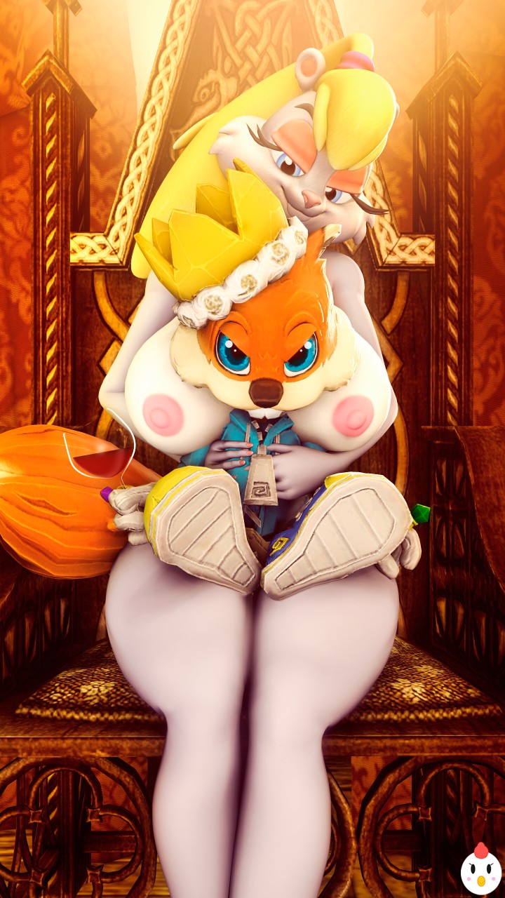 3d_(artwork) 9:16 alcohol anthro berri beverage big_breasts blonde_hair blue_eyes breast_rest breasts chipmunk clothed clothing conker conker's_bad_fur_day crown digital_media_(artwork) duo female fur grey_body grey_fur ground_squirrel hair half-closed_eyes hand_on_chest hentype hi_res holding_drink holding_glass holding_object inside larger_female looking_at_viewer male male/female mammal narrowed_eyes nipples nude orange_body orange_fur rareware rodent sciurid sitting size_difference smaller_male smile teeth thick_thighs video_games wide_hips wine wine_glass