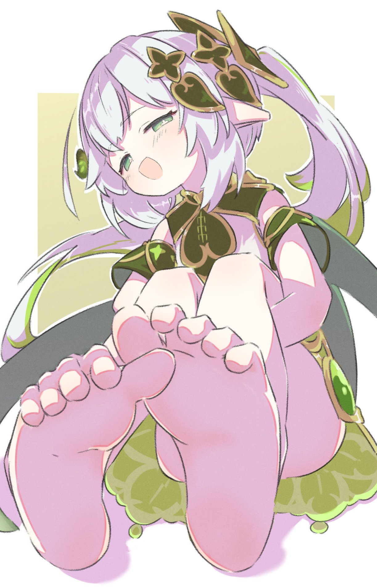 1girl barefoot border convenient_leg detached_sleeves dress feet foot_focus foreshortening full_body genshin_impact gold_trim green_background green_dress green_eyes green_hair grey_hair hair_ornament highres hugging_own_legs inaririn knees_up long_hair looking_at_viewer multicolored_hair nahida_(genshin_impact) on_ground open_mouth pointy_ears shadow short_sleeves sitting smug soles solo streaked_hair symbol-shaped_pupils toe_scrunch toes two-tone_dress very_long_hair white_border white_dress