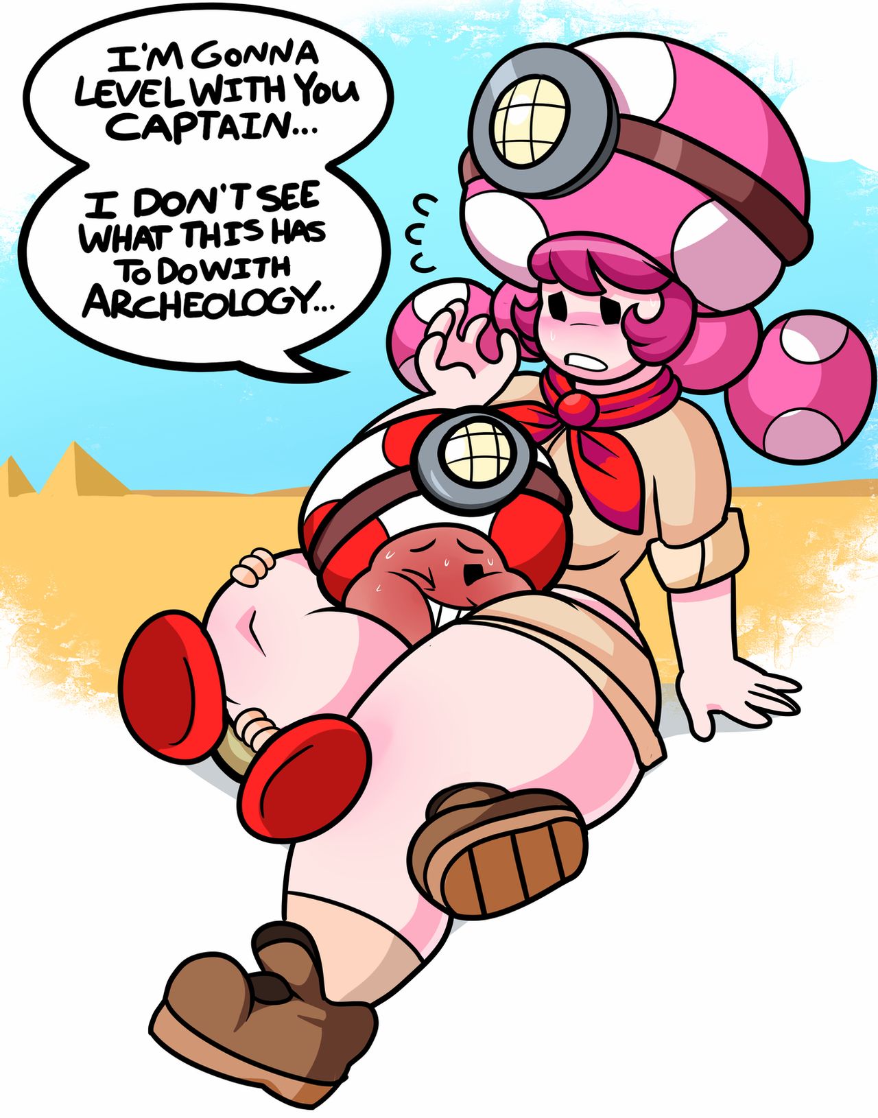 asphyxiation blush boots bottomwear captain_toad clothing concern desert dialogue duo english_text female footwear head_in_crotch headlamp headlock hi_res humanoid leg_wrap male mario_bros nintendo shorts superspoe text thick_thighs toad_(mario) toadette twintails_(hairstyle) video_games wide_hips