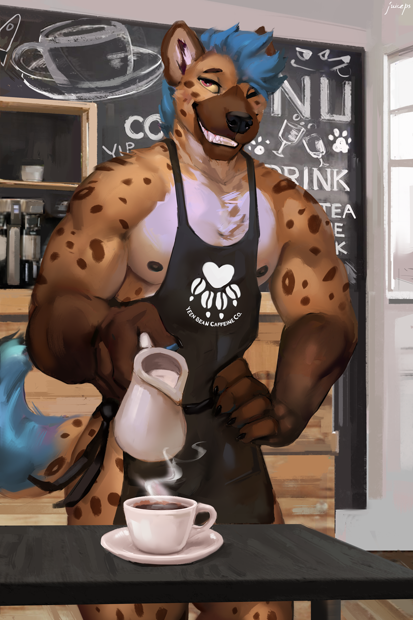 anthro apron apron_only barista beverage blue_hair brown_body brown_fur chalkboard chest_tuft claws clothing coffee coffee_cup coffee_shop container cup detailed_background fur furniture grin hair hand_on_hip hi_res hyena inside juiceps looking_at_viewer male mammal nipples one_eye_closed serving smile solo spotted_hyena table tuft