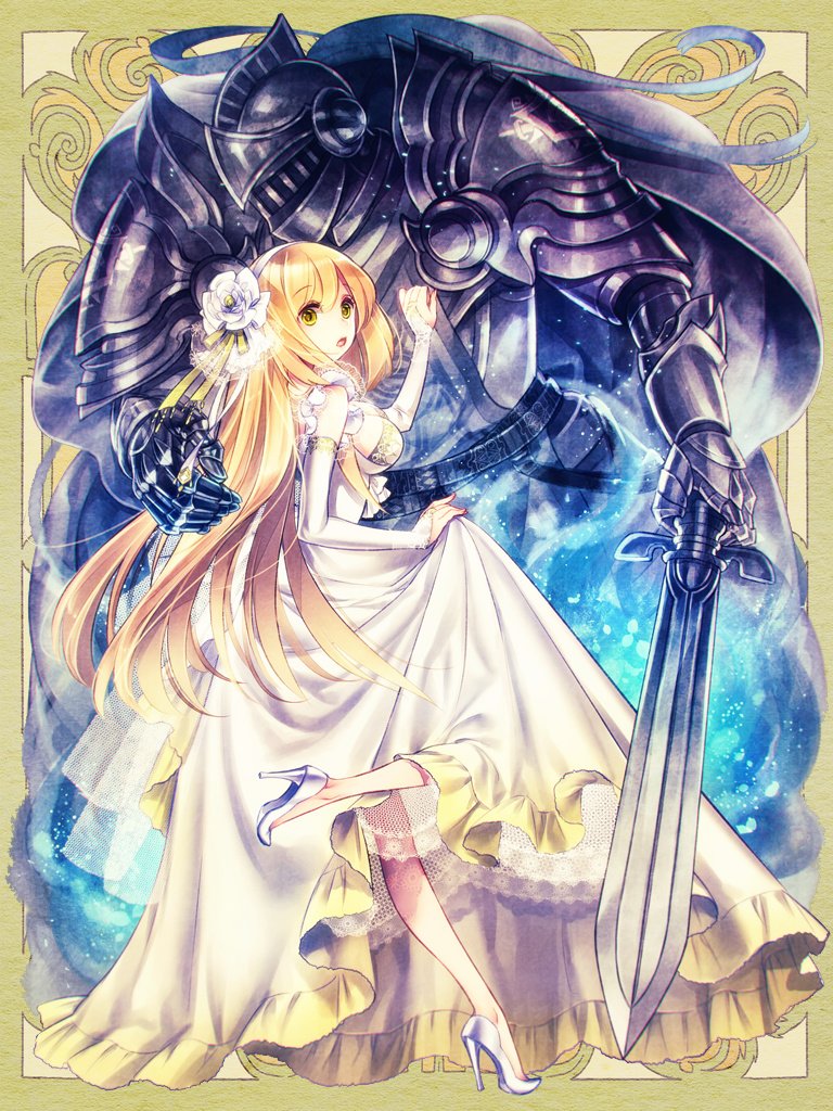 1boy 1girl :o armor black_armor black_cape blonde_hair bridal_gauntlets cape dress flower full_armor full_body gauntlets gown green_background green_hair hair_between_eyes hair_flower hair_ornament hairband hand_on_another's_chest helm helmet high_heels holding holding_sword holding_weapon kawa_k3 knight lace_trim long_dress long_hair looking_to_the_side pauldrons protecting psychic_hearts short_sleeves shoulder_armor size_difference skirt_hold spirit standing standing_on_one_leg sword weapon white_bridal_gauntlets white_dress white_flower white_footwear white_hairband