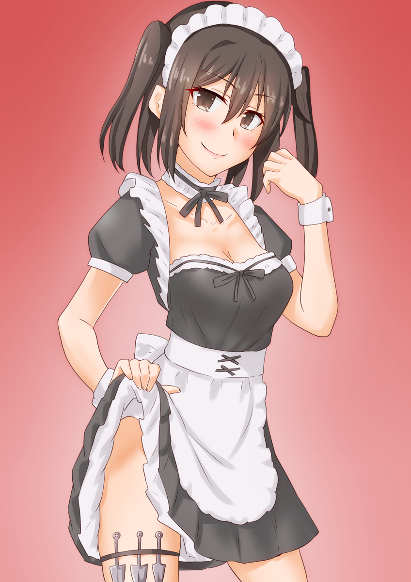 1girl alternate_costume anti_(untea9) apron breasts brown_eyes brown_hair choker cleavage cowboy_shot enmaided eyebrows_visible_through_hair gradient gradient_background hair_between_eyes highres kantai_collection kunai looking_at_viewer maid maid_apron maid_headdress medium_breasts puffy_short_sleeves puffy_sleeves red_background sendai_(kantai_collection) short_hair short_sleeves simple_background skirt skirt_lift solo two_side_up weapon wrist_cuffs