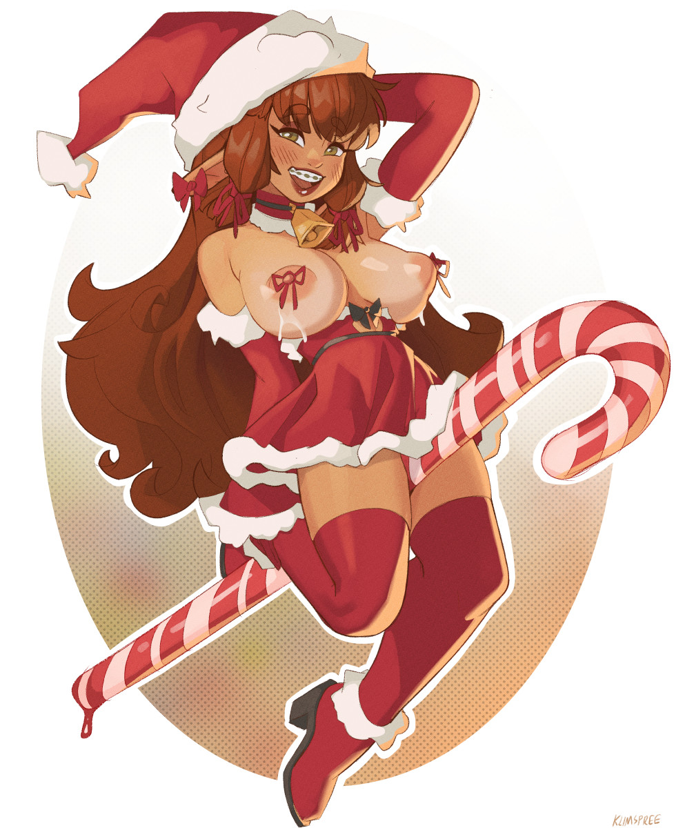 1girl big_hair blush boots braces breasts brown_hair candy candy_cane choker christmas commentary detached_sleeves ear_ribbon english_commentary food full_body green_eyes hat high-waist_skirt high_heel_boots high_heels highres klimspree lactation large_breasts latte_(klimspree) lipstick long_hair long_pointy_ears looking_at_viewer makeup nipple_ribbon nipples open_mouth original phallic_symbol pointy_ears puffy_nipples red_choker red_footwear red_lips red_skirt red_sleeves santa_hat shortstack skirt smile solo straddling tan tanlines thick_eyebrows thigh_boots topless